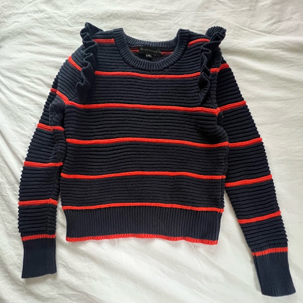 Banana Republic Striped Ruffle Sweater Navy Red Orange XS